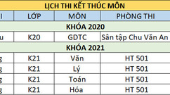 Lịch thi kết thúc môn dành cho học sinh khóa 2020, khóa 2021